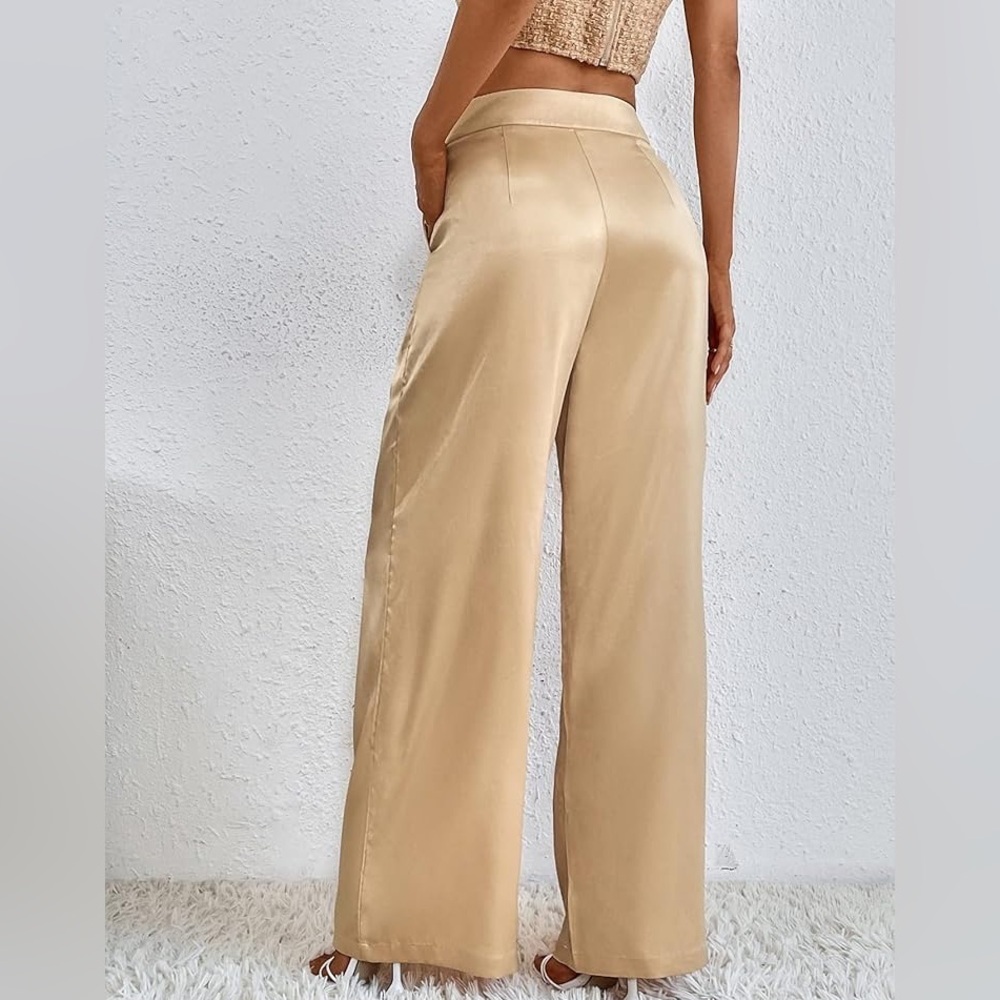 JustFab Beige Satin Straight-Leg Pants